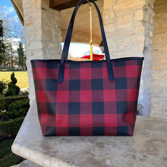 Coach buffalo Plaid Check Reversible Tote Handbag&wallet Red Black - Picture 12 of 13